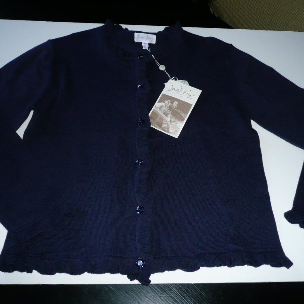 Rachel Riley Girl SZ 12 Ruffled Edge Cardigan Navy Blue Sweater Sparkle Buttons